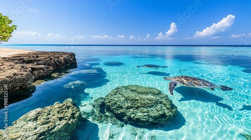 An ecosystem of coral atolls surrounded by crystal-clear waters, teeming with marine life, including stingrays, turtles, and schools of colorful fish..--ar 16:9 photo