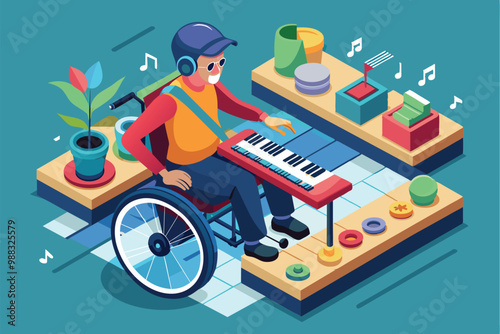 Wallpaper Mural A disabled musician, seated in a wheelchair, plays a keyboard while surrounded by plants and colorful instruments in a stylish interior. Torontodigital.ca