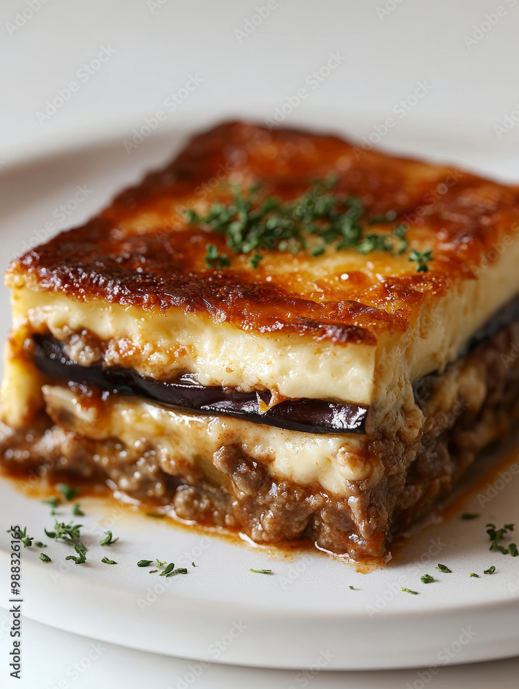 Close-up of a slice of moussaka on a white plate Close-up of a slice of moussaka on a white plate