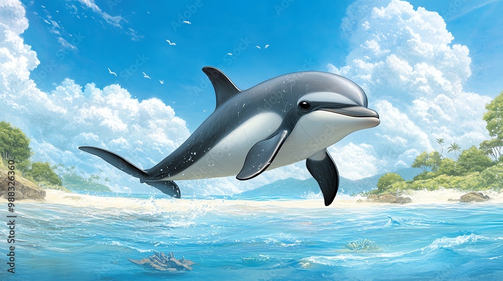 Obraz premium The critically endangered Maui dolphin, small and sleek, swimming near the coastline in shallow waters, surrounded by diverse marine species.