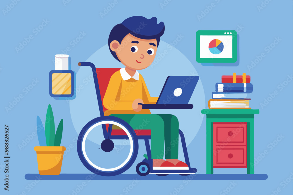 A student in a wheelchair uses a laptop to study, surrounded by books and a plant, in a colorful classroom environment. A student in a wheelchair uses a laptop to study, surrounded by books and a plant, in a colorful classroom environment.