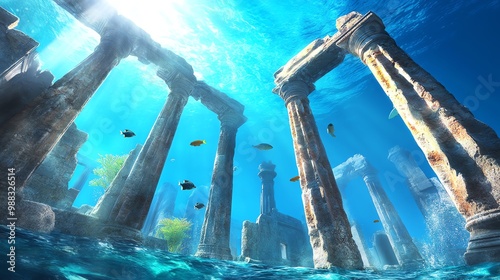 Underwater ruins teeming with marine life, fish swimming among the sunken structures, creating a mysterious and ancient underwater world. photo