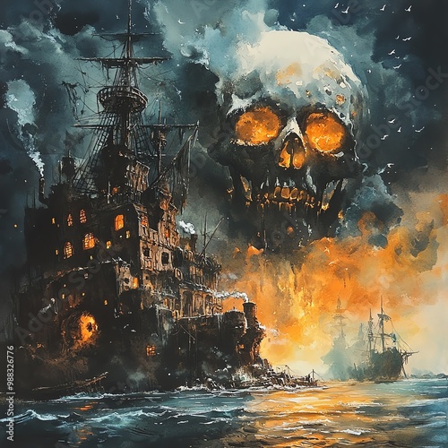 A dramatic pirate scene featuring a haunted ship and a glowing skull amidst flames and stormy skies.