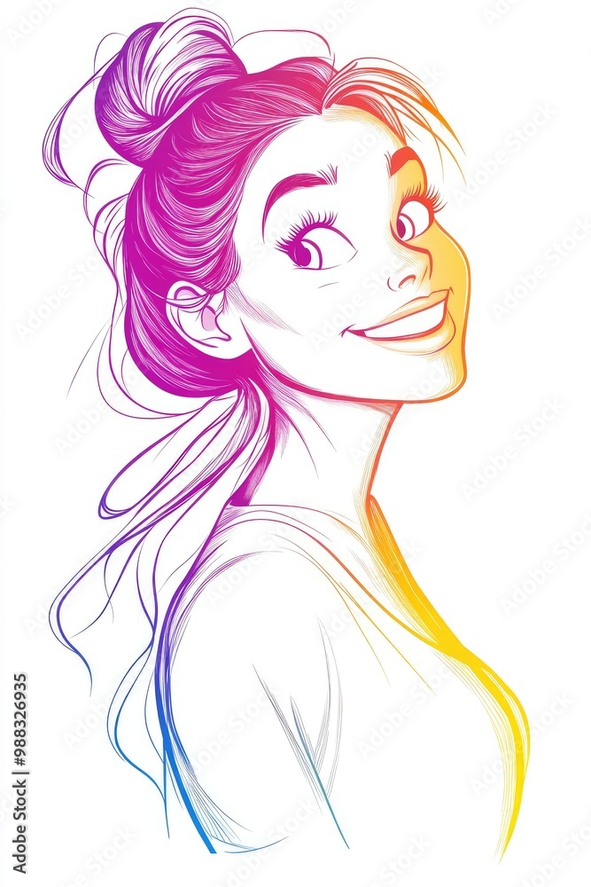 Line art illustration featuring a cool gradient drawing of a cartoon woman with a joyful expression Line art illustration featuring a cool gradient drawing of a cartoon woman with a joyful expression