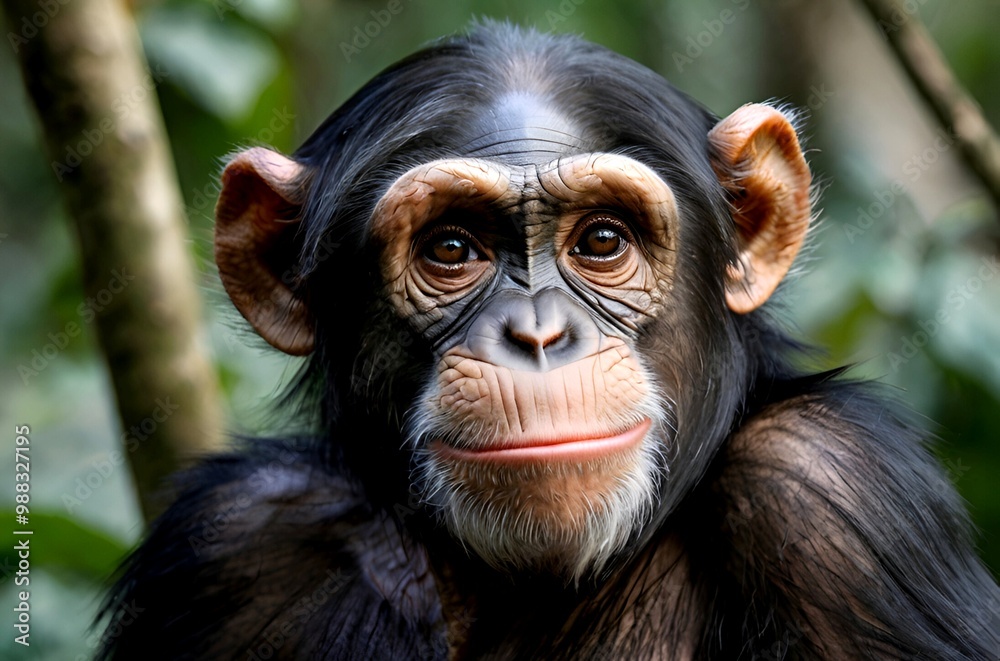 Chimpanzee with innocent beautiful face in a forest Chimpanzee with innocent beautiful face in a forest