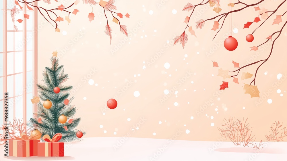 Abstract christmas background. pastel cartoon flat design. minimalist color. christmas tree decorate with ball, red and gold gift box