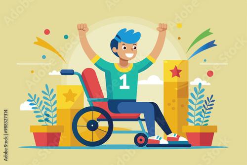 A cheerful individual in a wheelchair celebrates victory with raised arms amidst vibrant plants and decorative podiums.