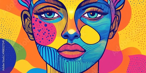 Colorful line art illustration of a cartoon face with a vibrant background