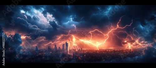 Dramatic Thunderstorm Over Modern City Skyline with Intense Lightning and Dark Clouds photo