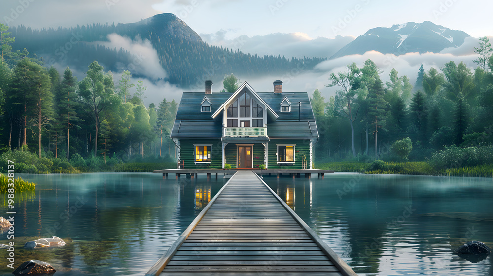 Fototapeta premium Beautiful lake house with dock shows a large wooden deck leading up to the front of a green colored craftsman style home with white trimmed windows