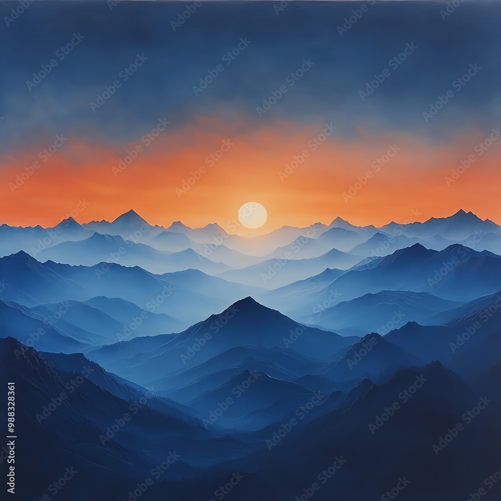 A breathtaking mountain landscape bathed in sunset hues, showcasing layers of peaks under a serene sky. A breathtaking mountain landscape bathed in sunset hues, showcasing layers of peaks under a serene sky.