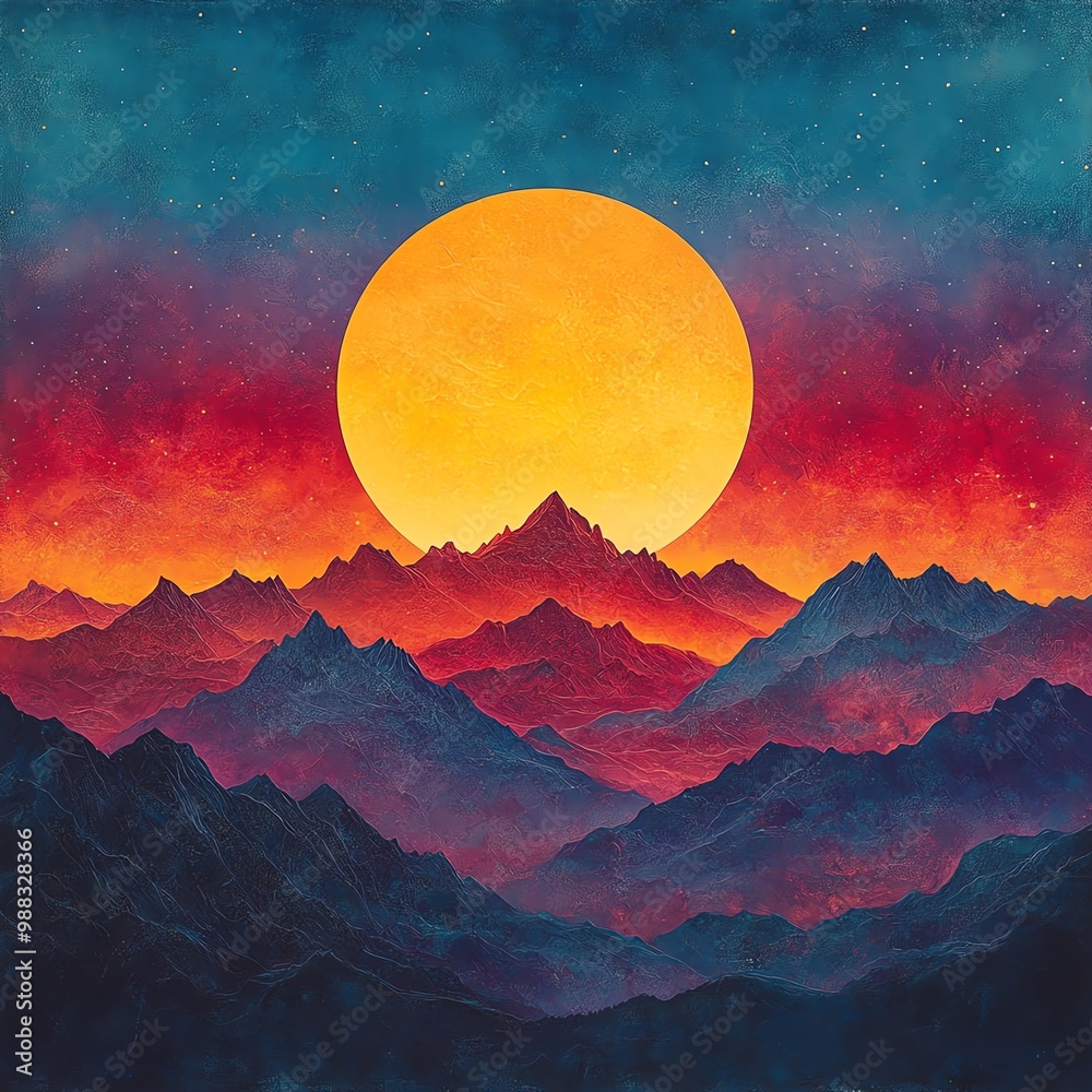 Fototapeta premium A mesmerizing sunset over majestic mountains, blending vibrant colors of orange, red, and blue for a stunning visual experience.