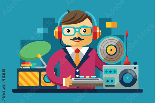A talented disc jockey engaging the audience while mixing vinyl records in a vibrant studio setting.