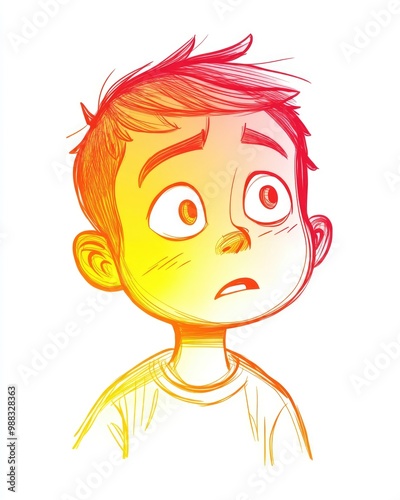 Line art illustration of a warm gradient drawing depicting a concerned cartoon boy