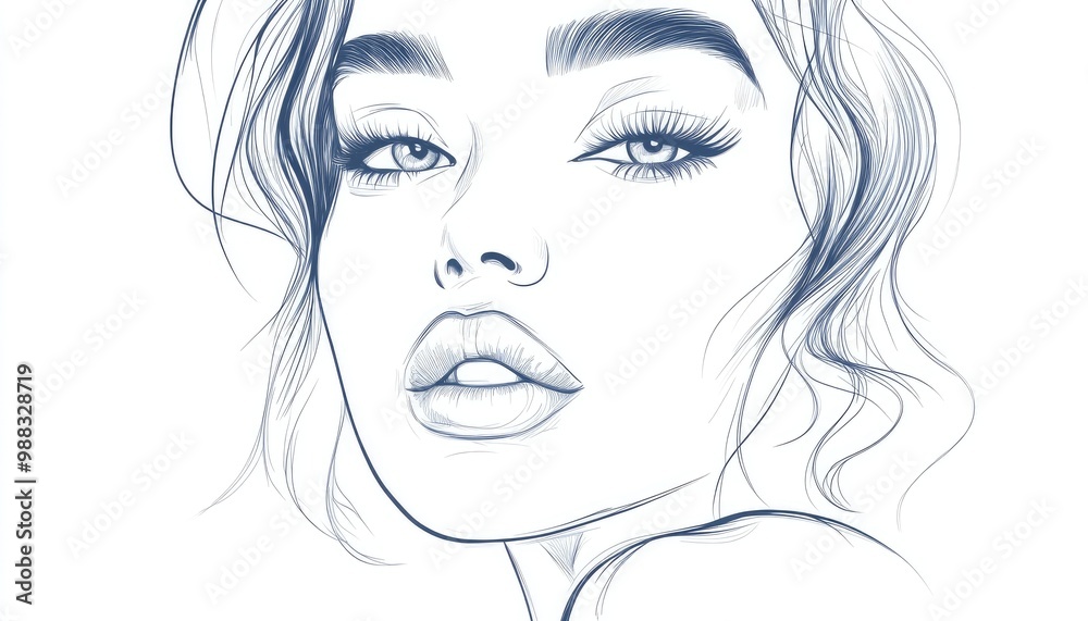 Line art illustration of a beautiful young woman s face featuring makeup Fashionable portrait sketch on a clean white background Line art illustration of a beautiful young woman s face featuring makeup Fashionable portrait sketch on a clean white background