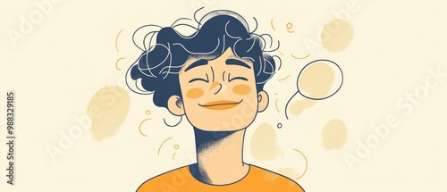 Line art illustration depicting a cheerful man with a thought bubble photo