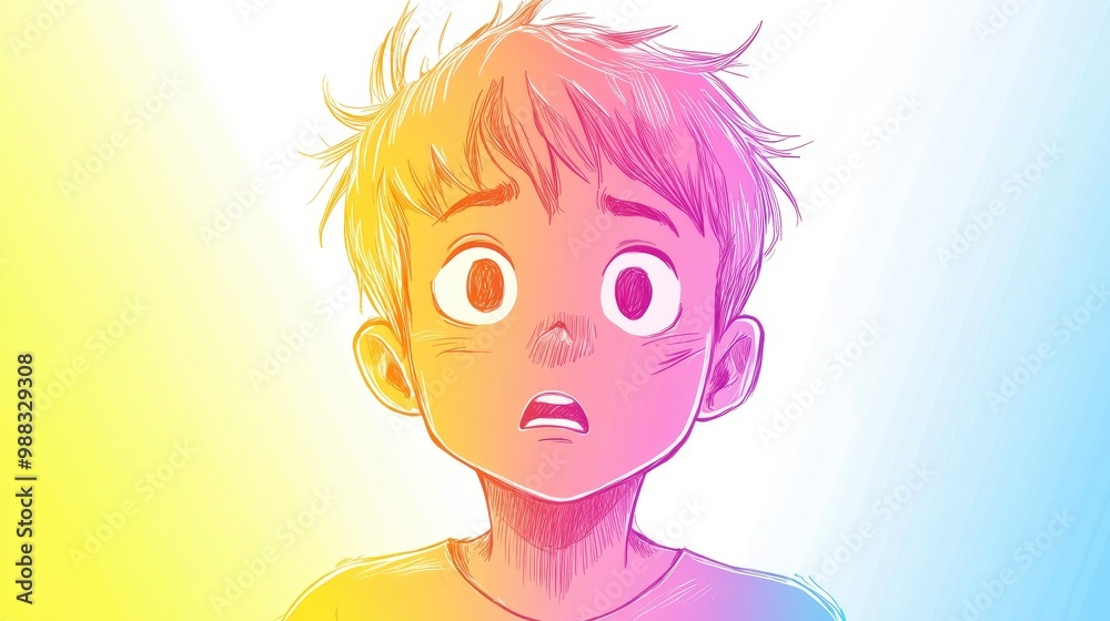 Line art illustration of a rainbow gradient depicting a worried cartoon boy Line art illustration of a rainbow gradient depicting a worried cartoon boy