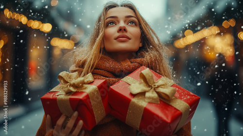 Young woman holding Christmas gifts outdoors in festive lights with falling snow