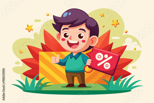 A cheerful cartoon boy shows excitement while holding a discount sign, set against a vibrant backdrop of stars and colorful shapes.