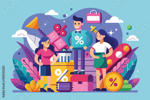 Two characters present various discount elements while another stands in a vibrant marketing landscape full of promotional symbols and tools.