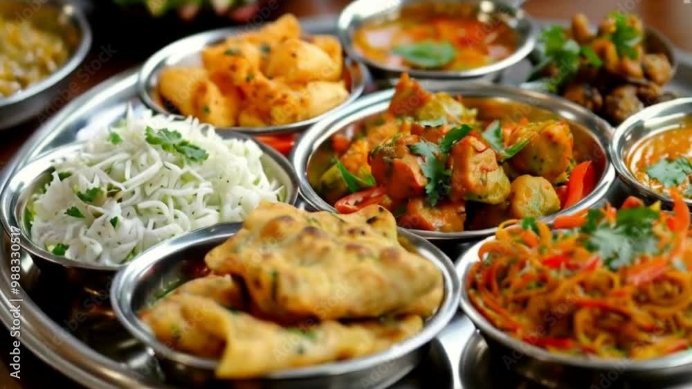 Indian Hindu Veg Thali / food platter, selective focus food, meat, chicken, meal, dinner, dish, plate, fried, salad, cuisine, sauce, fish, vegetable,  HD 4K VIDEO CLIP