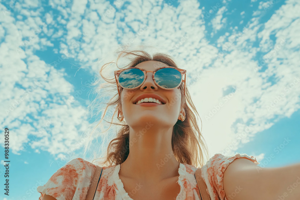 A woman wearing a hat and sunglasses is smiling and taking a selfie A woman wearing a hat and sunglasses is smiling and taking a selfie