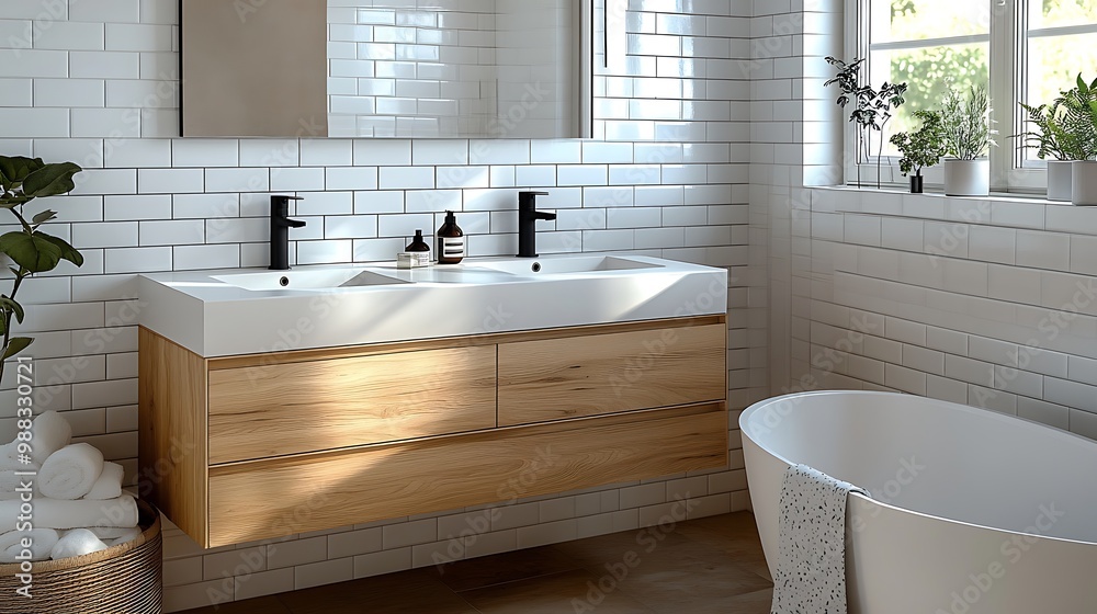 A serene Scandinavian bathroom featuring white subway tiles, a wooden floating vanity, and minimalist black fixtures. The soft natural light complements the clean, modern aesthetic, A serene Scandinavian bathroom featuring white subway tiles, a wooden floating vanity, and minimalist black fixtures. The soft natural light complements the clean, modern aesthetic,
