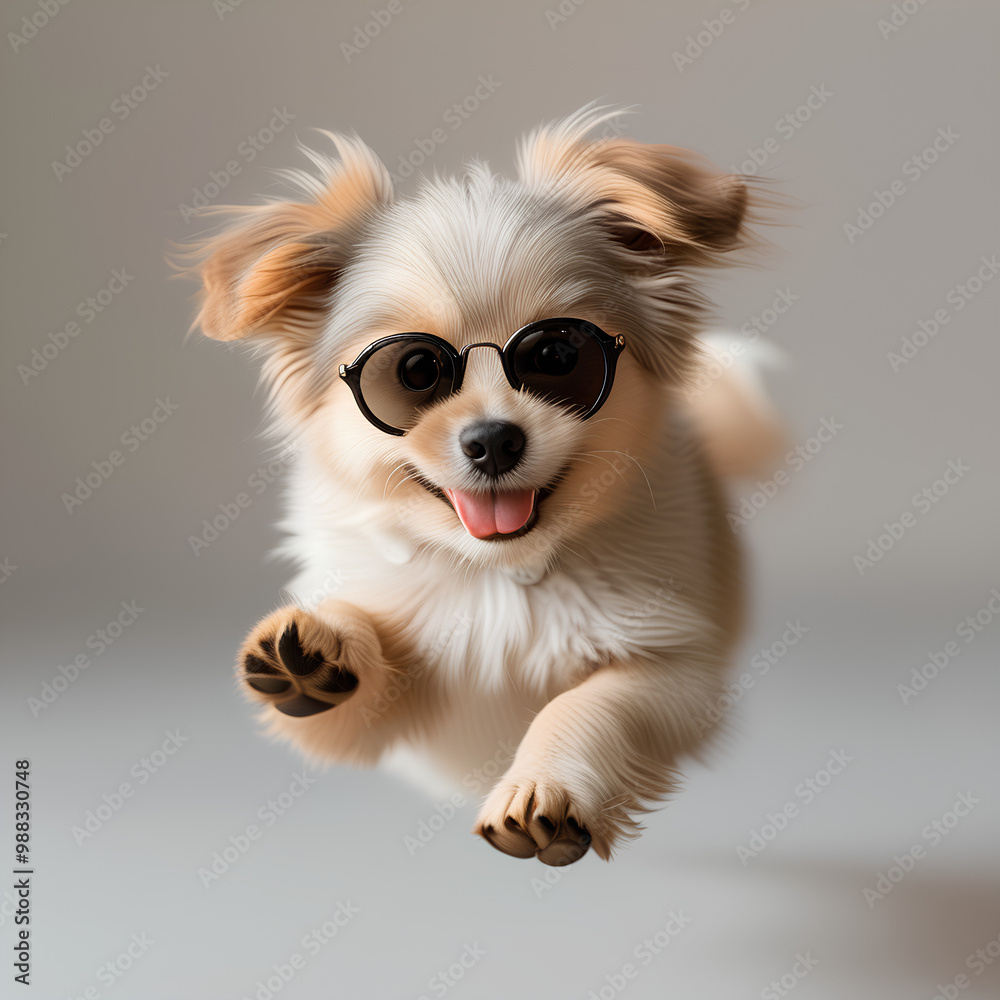 Funny fluffy puppy wearing sunglasses Funny fluffy puppy wearing sunglasses