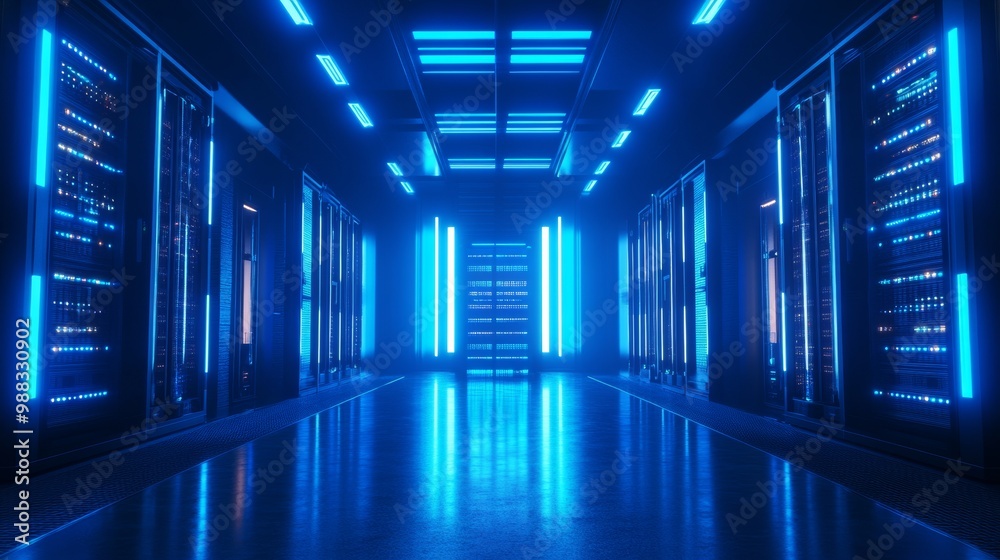 3D render of a modern, futuristic data center with blue lights and server cabinets 3D render of a modern, futuristic data center with blue lights and server cabinets