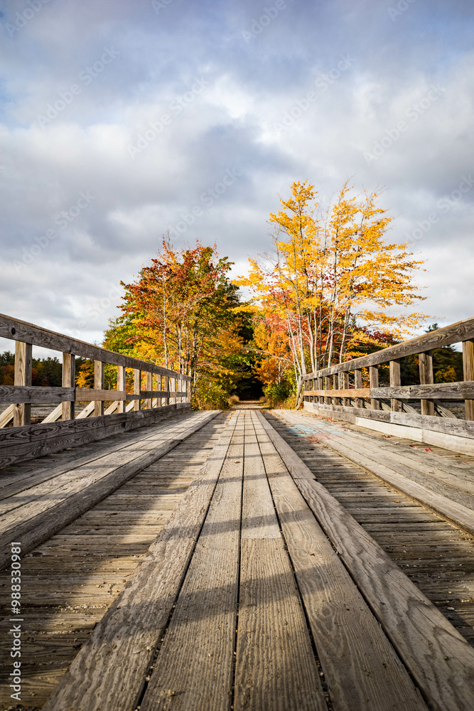 Fototapeta premium Wooden bridge along the Monadnock Recreational Rail Trail in autumn