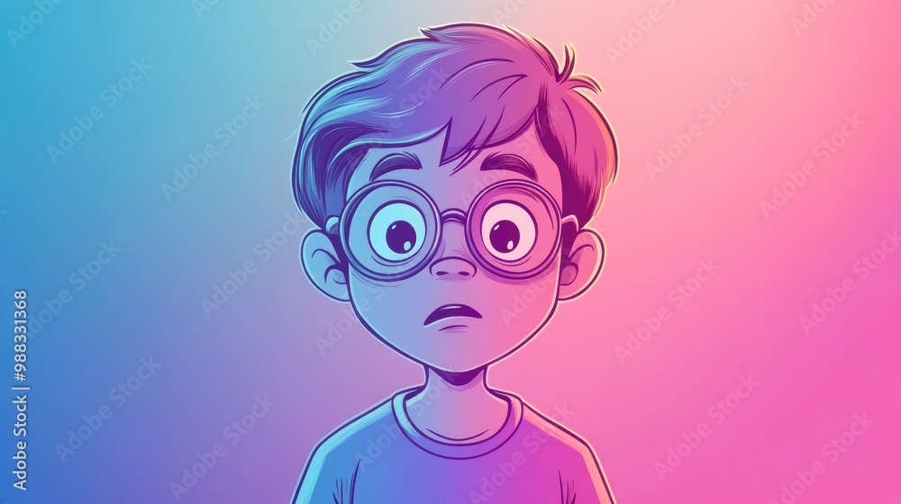 Line art illustration of a cold gradient depicting a cartoon boy with glasses looking confused Line art illustration of a cold gradient depicting a cartoon boy with glasses looking confused