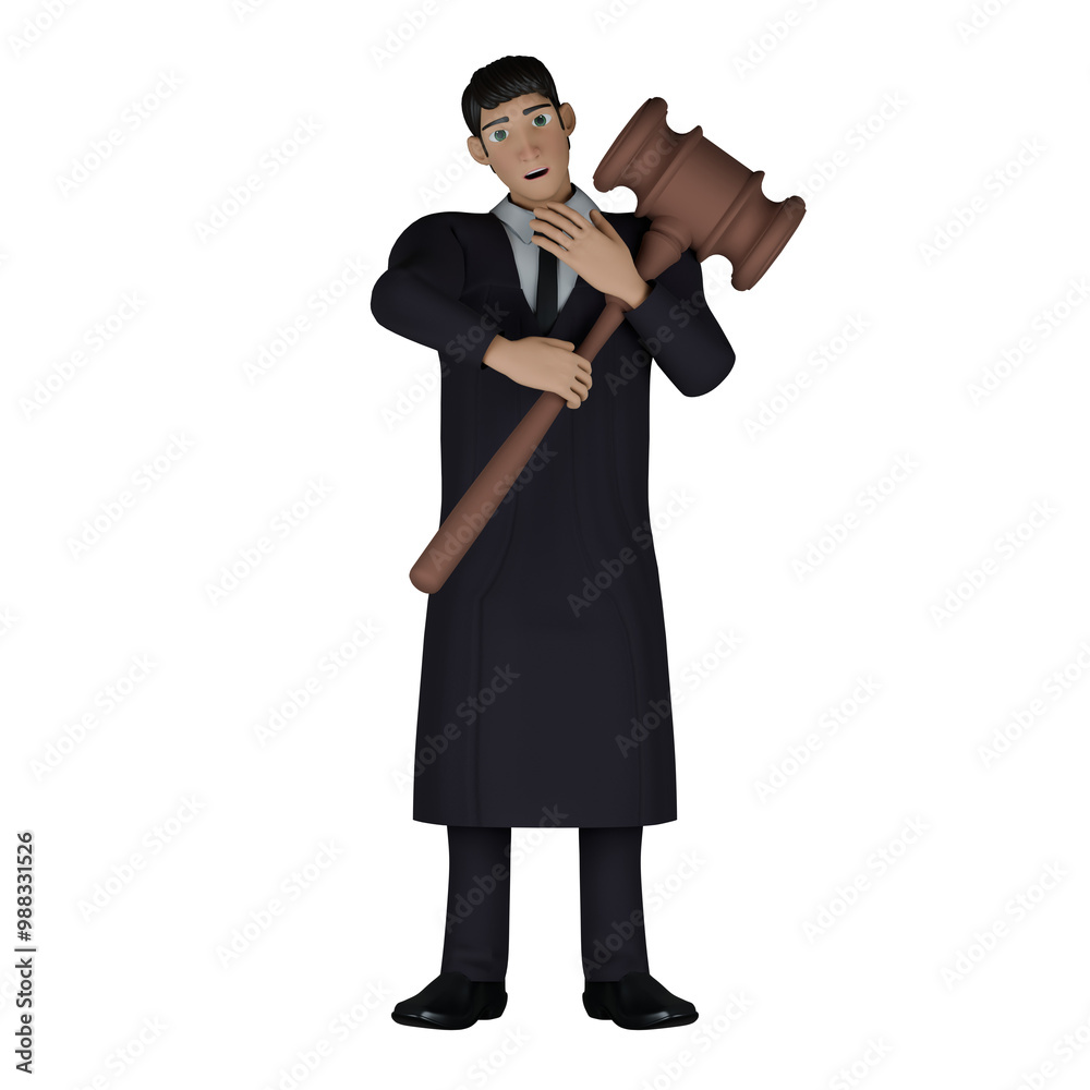 Obraz premium Judge's Daily Routine in 3D. A male judge walks with both hands holding a large court hammer in front of his body. Male Cartoon