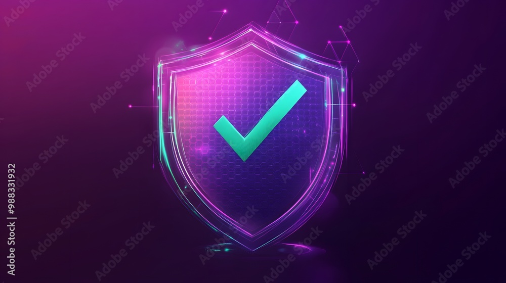 Protection. Healthcare. Insurance. Cyber security. Network safety. Protection shield with green Check mark icon inside transparent sphere shield with hexagon pattern on purple background. Vector illus Protection. Healthcare. Insurance. Cyber security. Network safety. Protection shield with green Check mark icon inside transparent sphere shield with hexagon pattern on purple background. Vector illus