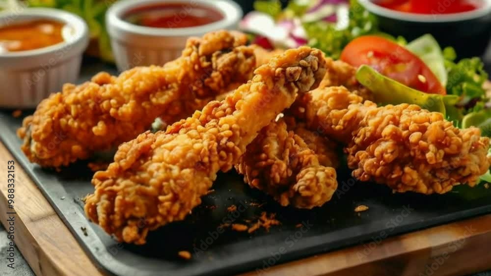 Fried chicken tenders on a serving board with sauces and salad food, chicken, fried, meat, meal, plate, dinner, dish, cuisine, delicious, pork, sauce, lunch, grilled, 4k hd video 4k Fried chicken tenders on a serving board with sauces and salad food, chicken, fried, meat, meal, plate, dinner, dish, cuisine, delicious, pork, sauce, lunch, grilled, 4k hd video 4k