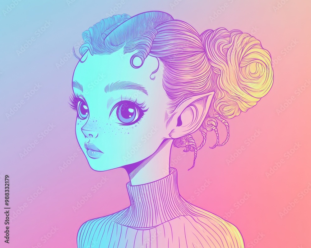 Line art illustration featuring a cold gradient drawing of a cartoon alien girl