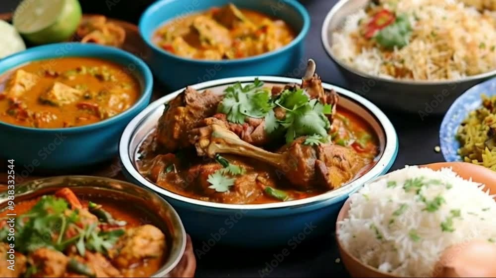 Assorted Indian Non Vegetarian food recipe served in a group. Includes Chicken Curry, Mutton Masala, Anda/egg curry, Butter chicken, biryani, tandoori food, soup, meal, meat, chicken, HD 4K VIDEO CLIP