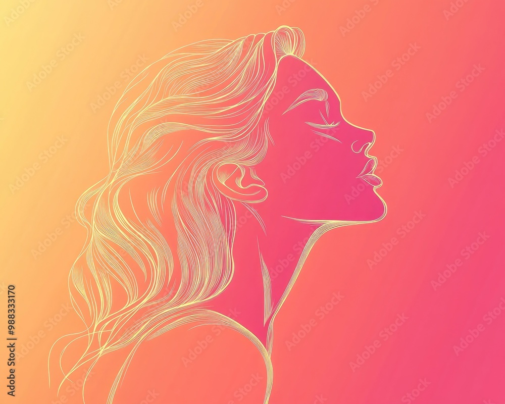 Line art illustration featuring a warm gradient design of a cartoon woman Line art illustration featuring a warm gradient design of a cartoon woman