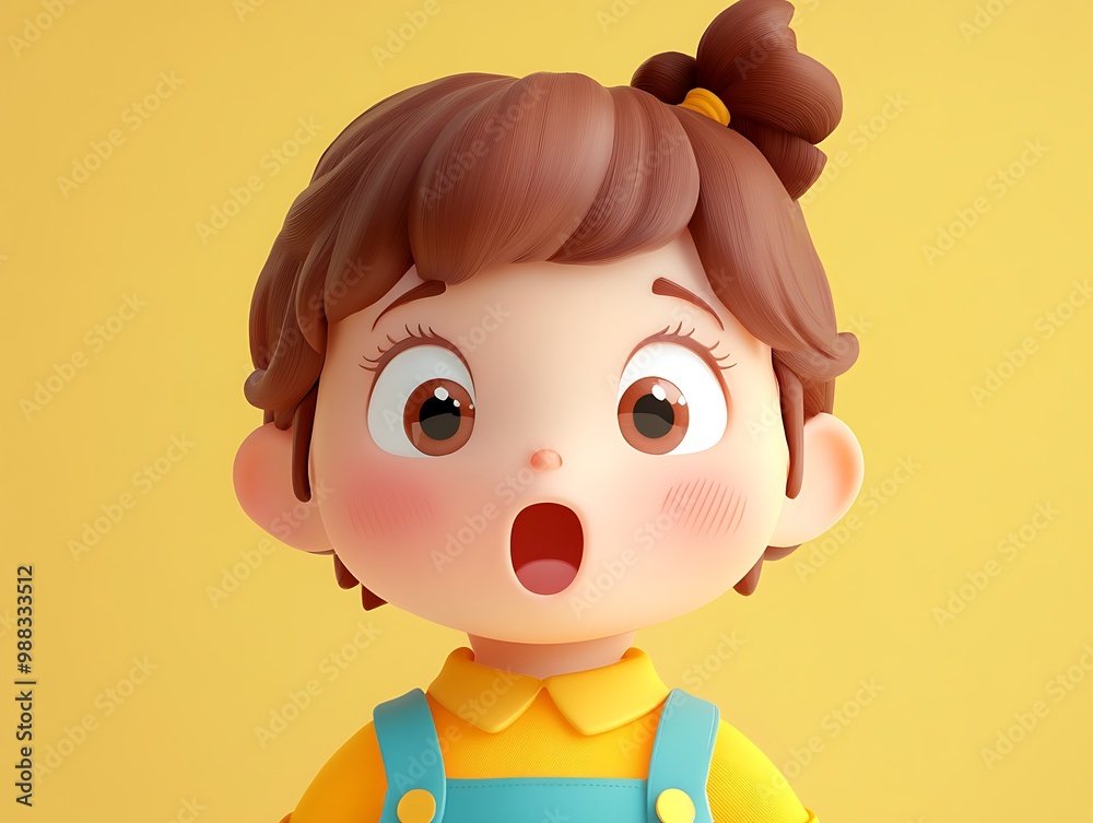 3D Cartoon Character Girl with Big Eyes, Open Mouth, Surprised Expression, Yellow Background Illustration 3D Cartoon Character Girl with Big Eyes, Open Mouth, Surprised Expression, Yellow Background Illustration