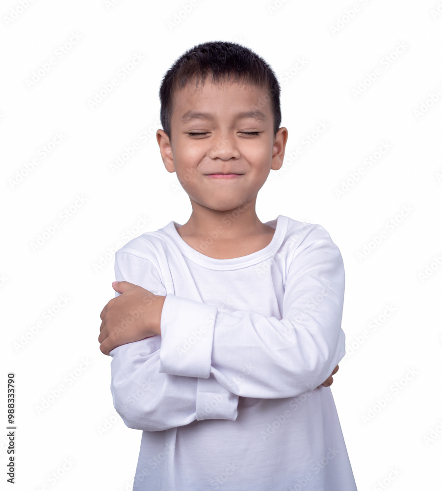 Portrait of asian boy wearing a white shirt posing showing happiness isolated on white background. Portrait of asian boy wearing a white shirt posing showing happiness isolated on white background.