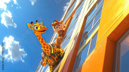 Animated Giraffe and Bear Climbing Building photo