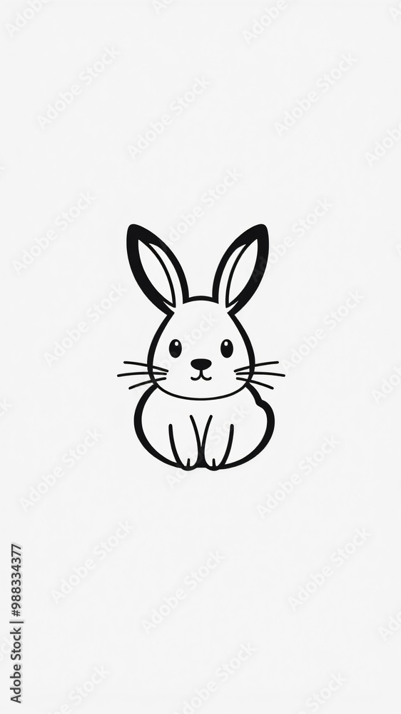 Cute cartoon rabbit sitting calmly with big ears, drawn in simple black and white style, perfect for illustrations and designs Cute cartoon rabbit sitting calmly with big ears, drawn in simple black and white style, perfect for illustrations and designs