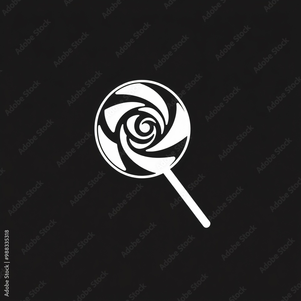 A white spiral lollipop design on a solid black background highlighting its unique swirling pattern and shape A white spiral lollipop design on a solid black background highlighting its unique swirling pattern and shape