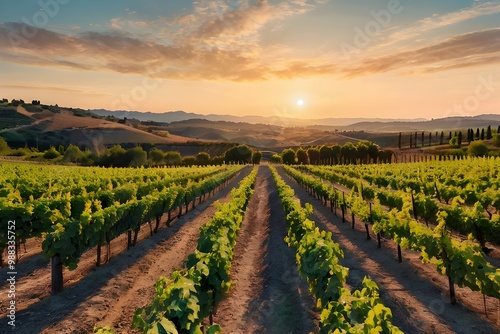 Panoramic view of a vineyard in Spain during a summer day sunrise - Image Generative AI