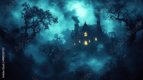 Dark forest Halloween background with glowing pumpkins haunted house silhouettes and twisted trees photo