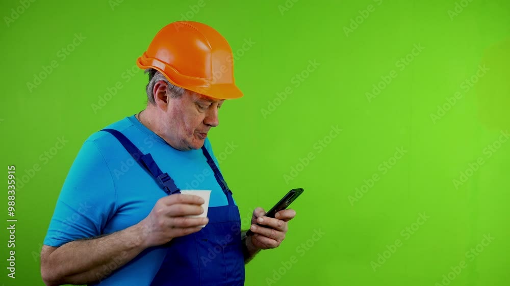 Senior worker in overalls drinking cofee, texting message on smartphone. Senior worker in overalls drinking cofee, texting message on smartphone.