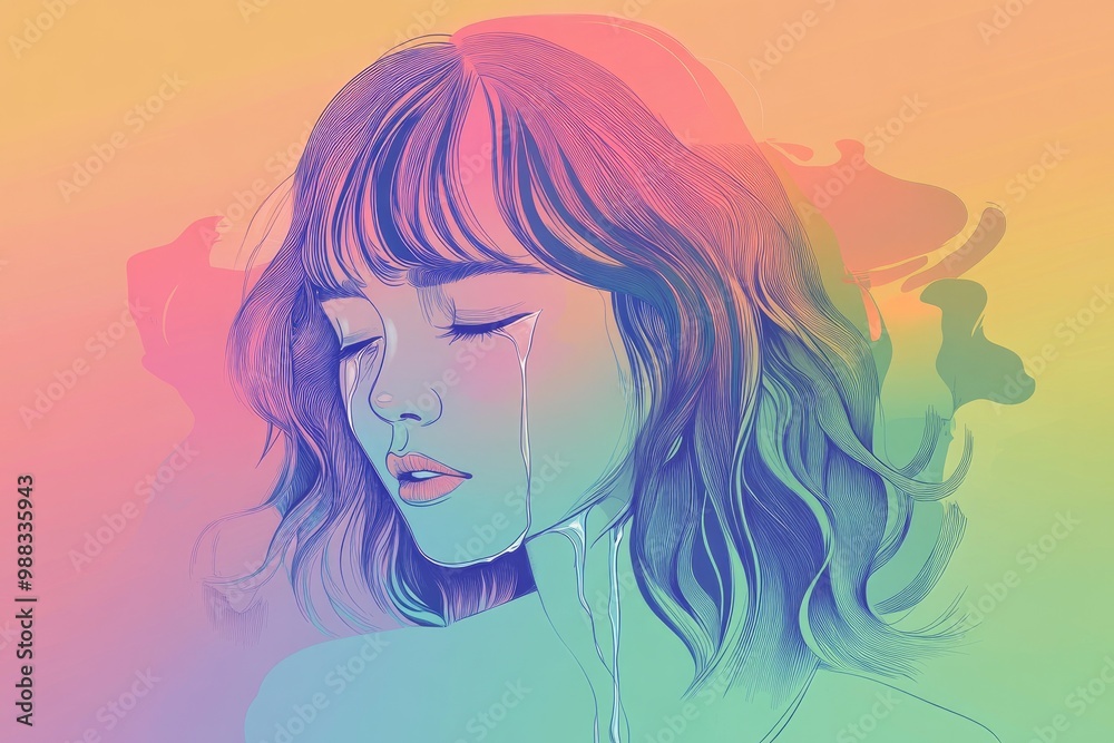 Line art illustration featuring a gradient drawing of a cartoon woman in tears Line art illustration featuring a gradient drawing of a cartoon woman in tears
