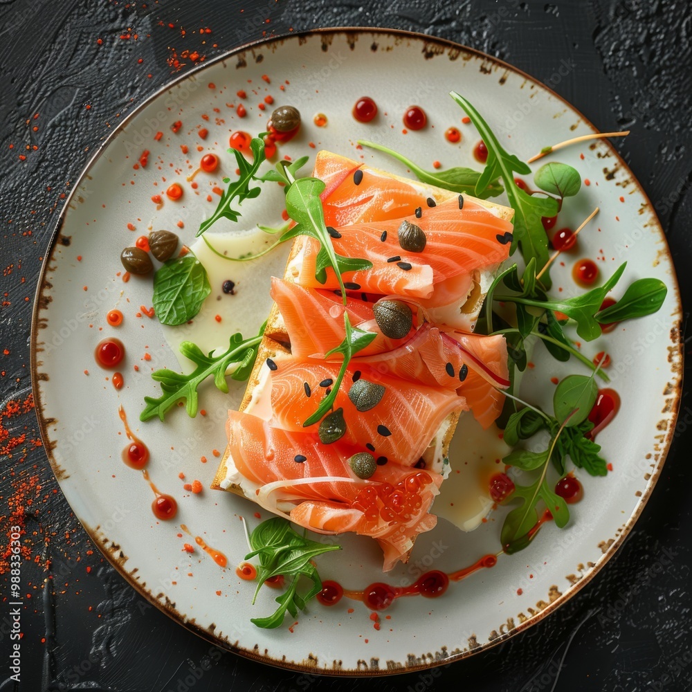 Salmon Slices Millefeuille with Cream Cheese Mousse, Arugula and Capers, Exquisite Trout Sashimi Salmon Slices Millefeuille with Cream Cheese Mousse, Arugula and Capers, Exquisite Trout Sashimi