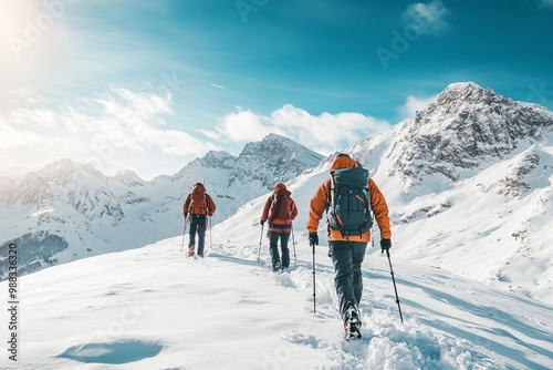 Three mountaineers hiking up a snowy mountain. Generative AI.