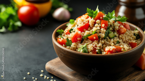 A bowl of quinoa salad is rich in protein and fiber, unlike greasy fries, which are high in trans fats photo