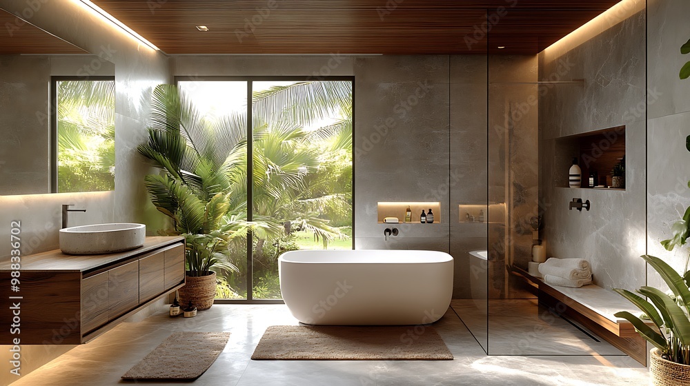 Fototapeta premium A spa-inspired Scandinavian bathroom with smooth stone floors, soft lighting, and wooden accents. The natural textures and minimalist design create a calming, luxurious atmosphere,